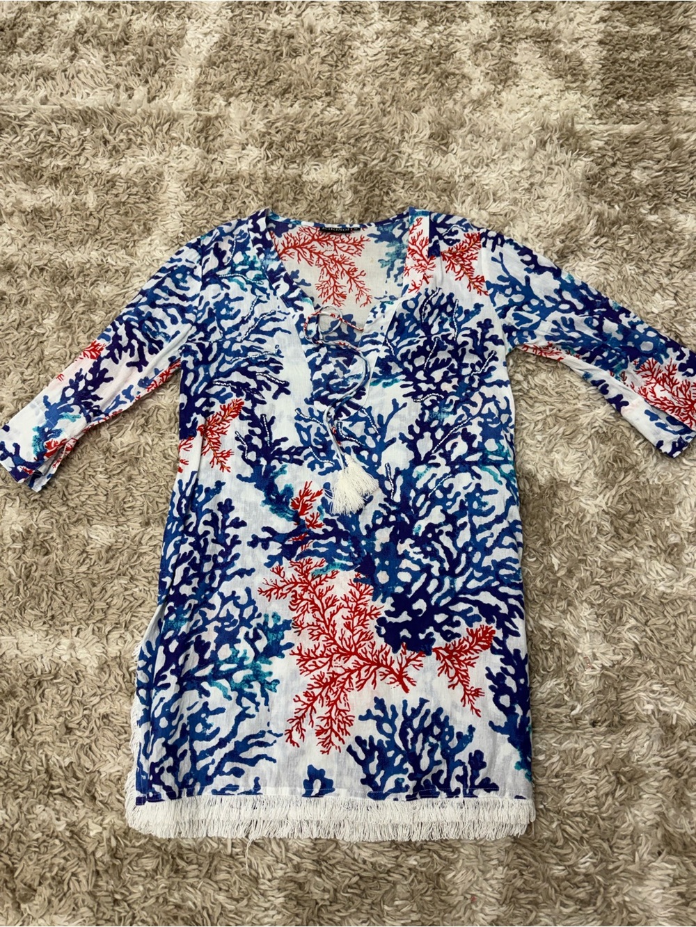 Blue & White Coral-Pattern Beach Coverup with Fringe